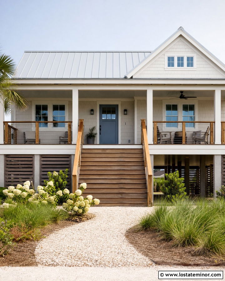 Warm White Coastal House With Cable Railings - 30 Warm White House Design With Railings Ideas