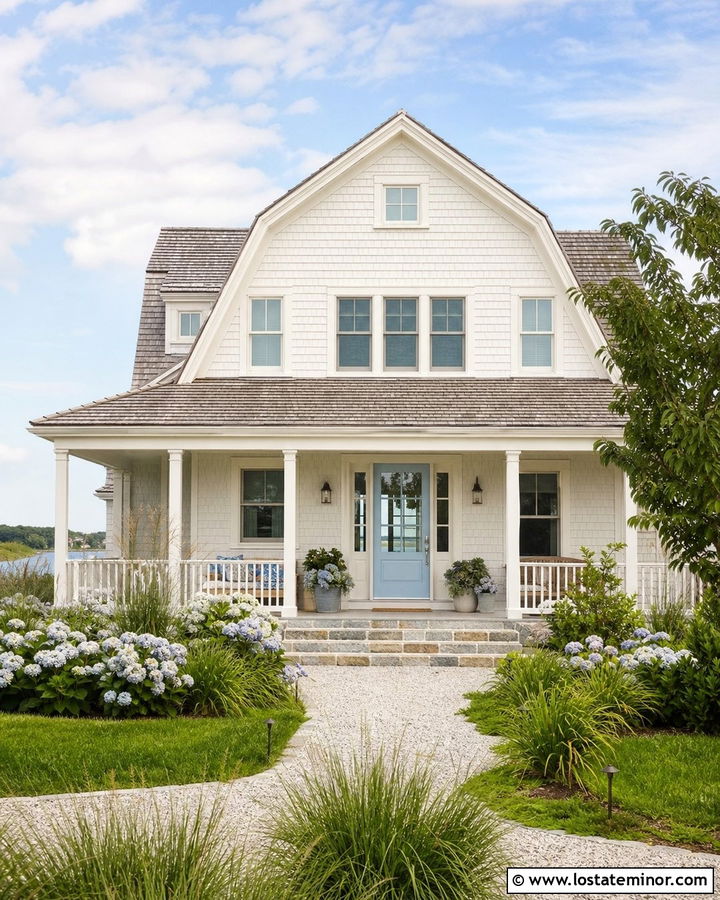 Warm White Coastal House With Light Blue Storm Door - 30 Warm White House Design With Storm Door Ideas