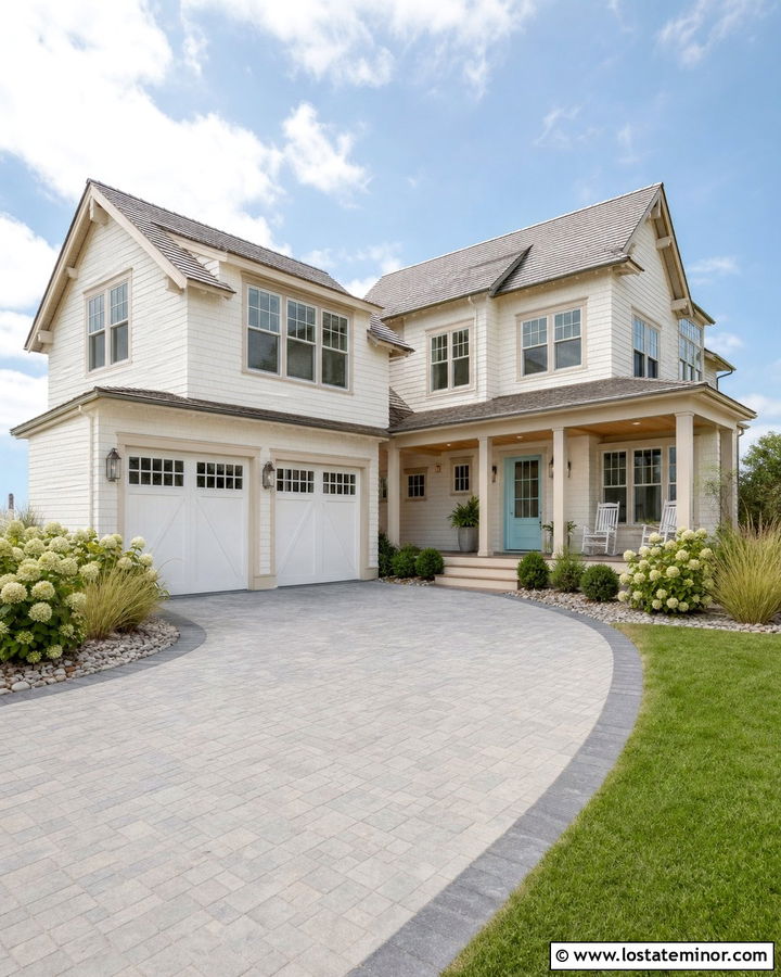 Warm White Coastal House With Light Gray Paver Driveway - 30 Warm White House Design With Driveway Ideas