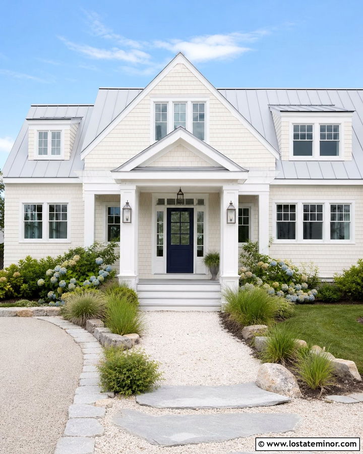 Warm White Coastal House With Metal Roof Portico - 30 Warm White House Design With Portico Ideas