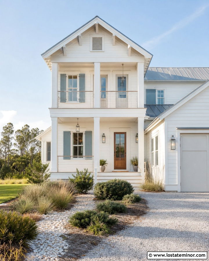 Warm White Coastal House With Nickel Lanterns - 30 Warm White House Design With Light Fixtures Ideas