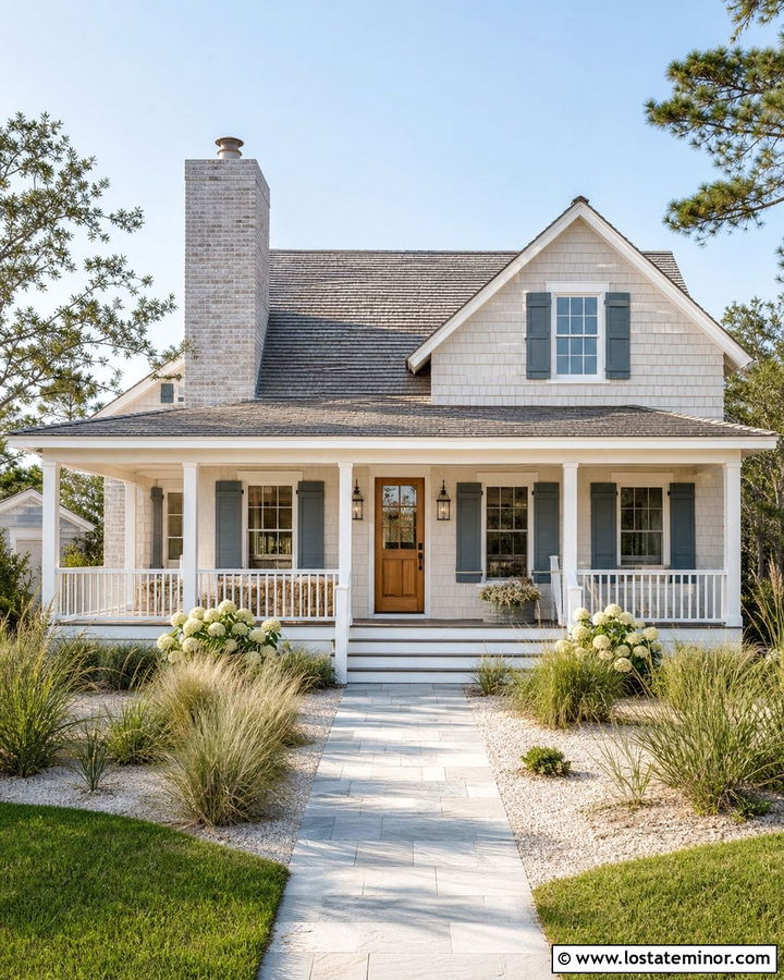 Warm White Coastal House With Pale Gray Brick Chimney - 30 Warm White House Design With Chimney Ideas