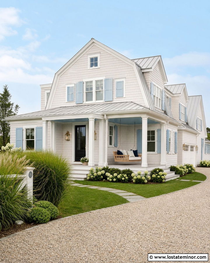 Warm White Coastal House With Rope Porch Swing - 30 Warm White House Design With Swing Ideas