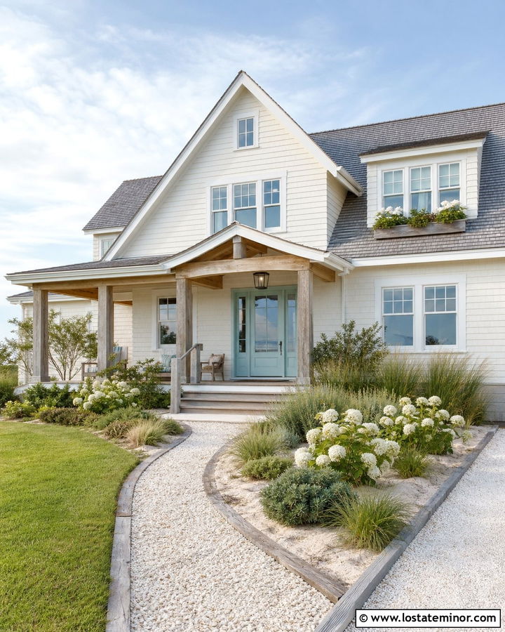 Warm White Coastal House With Shell Walkway - 30 Warm White House Design With Walkway Ideas