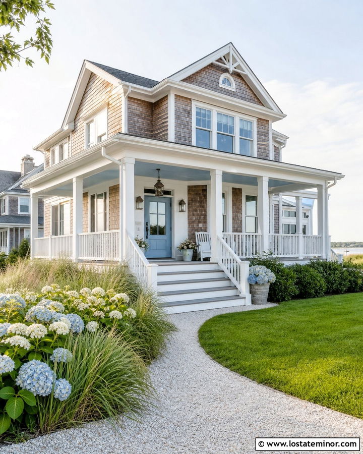Warm White Coastal House With Sky Blue Porch Ceiling - 30 Warm White House Design With Porch Ceiling Ideas