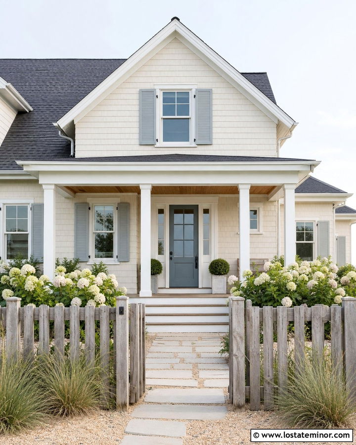 Warm White Coastal House With Weathered Gray Fence - 30 Warm White House Design With Fence Ideas