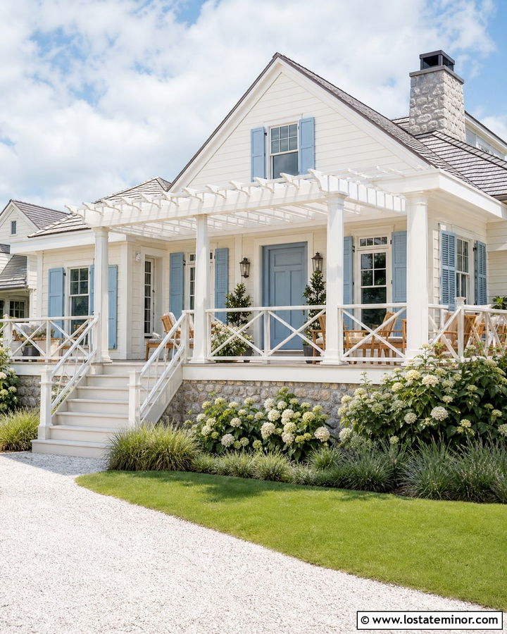 Warm White Coastal House With White Pergola - 30 Warm White House Design With Pergola Ideas