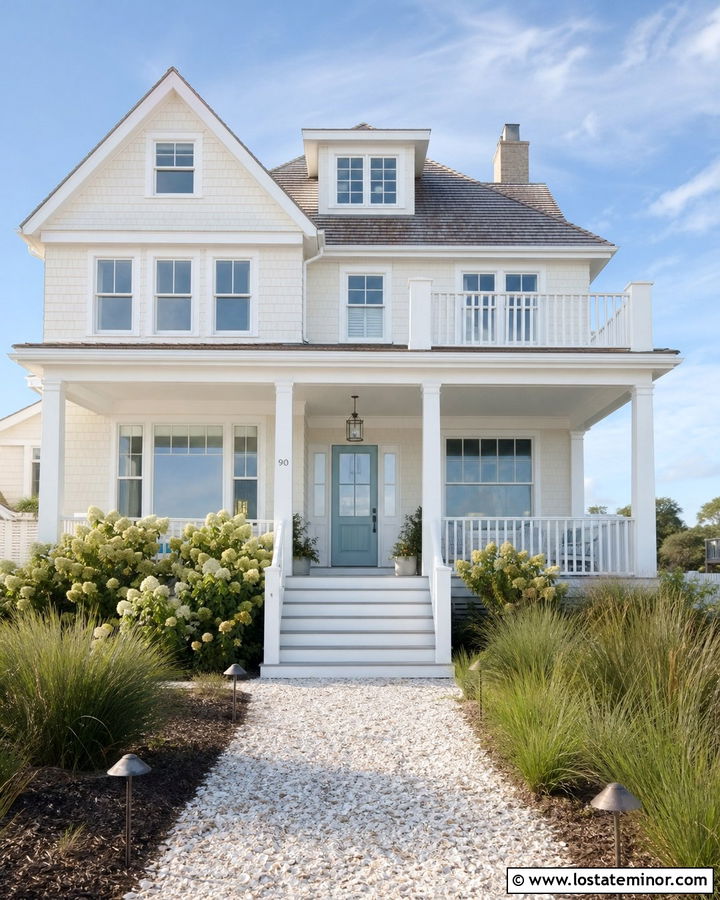 Warm White Coastal House With White Steps - 30 Warm White House Design With Steps Ideas