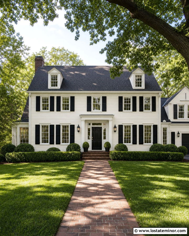 Warm White Colonial House With Black Shutters - 30 Warm White House Design With Shutters Ideas