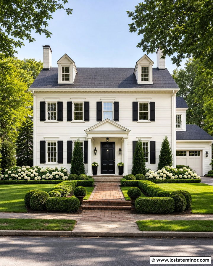 Warm White Colonial House With Boxwood Hedges - 30 Warm White House Design With Landscaping Ideas