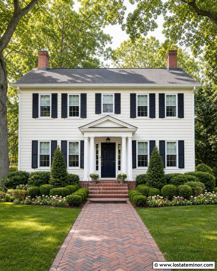 Warm White Colonial House With Herringbone Walkway - 30 Warm White House Design With Walkway Ideas