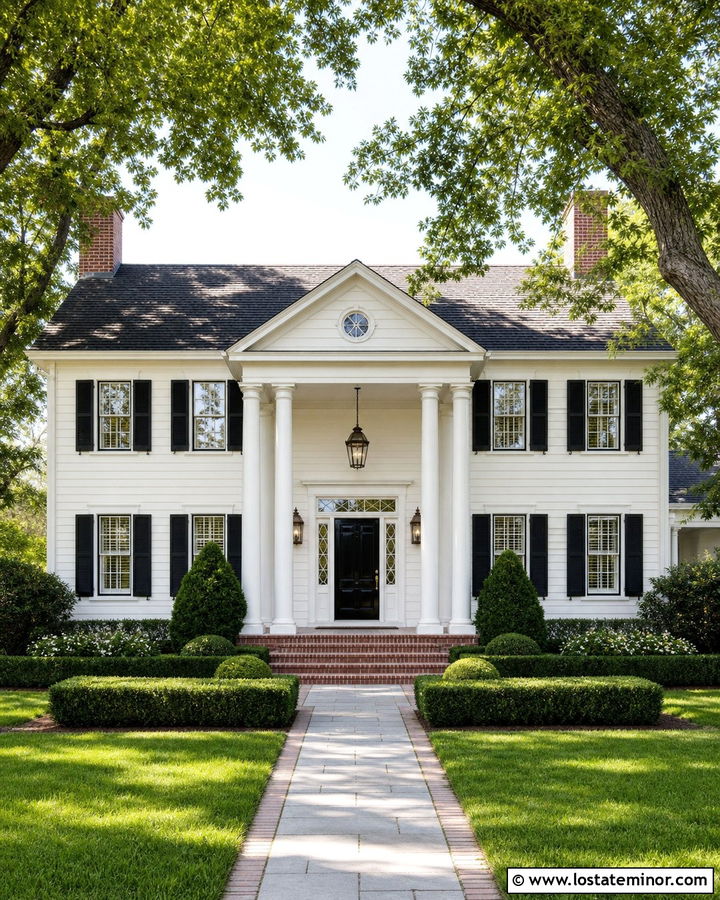 Warm White Colonial House With Pediment Portico - 30 Warm White House Design With Portico Ideas