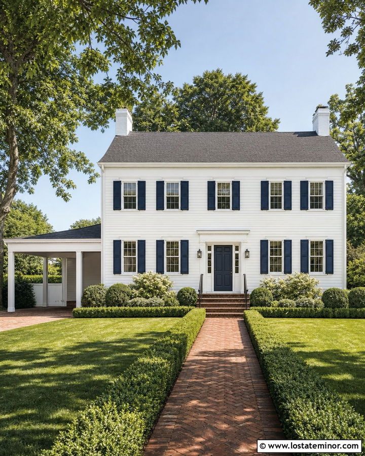 Warm White Colonial House With Side Carport - 30 Warm White House Design With Carport Ideas