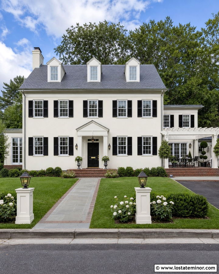 Warm White Colonial House With Side Pergola - 30 Warm White House Design With Pergola Ideas
