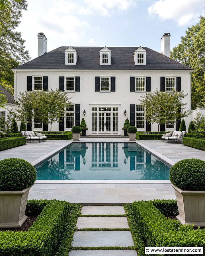 Warm White Colonial House With Symmetrical Pool - 30 Warm White House Design With Swimming Pool Ideas