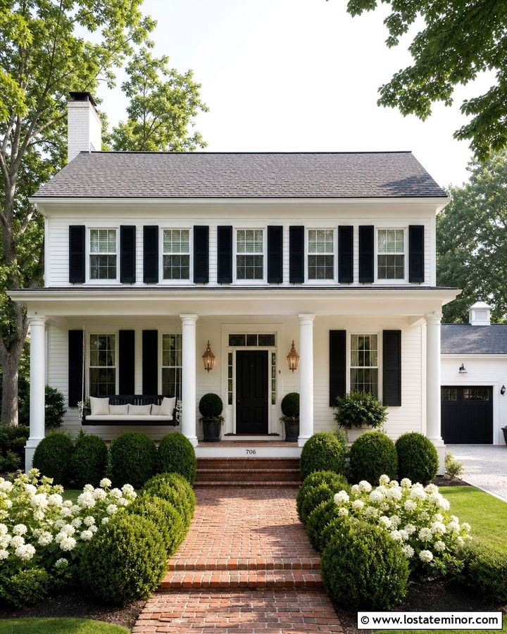 Warm White Colonial With Black Porch Swing - 30 Warm White House Design With Swing Ideas