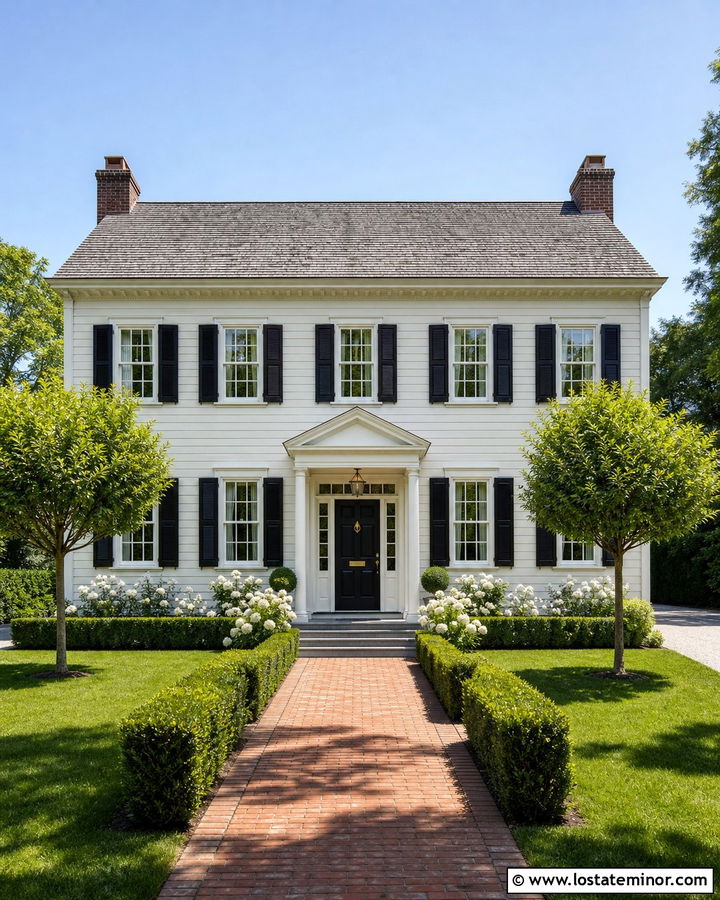 Warm White Colonial With Boxwood Front Yard - 30 Warm White House Design With Front Yard Ideas
