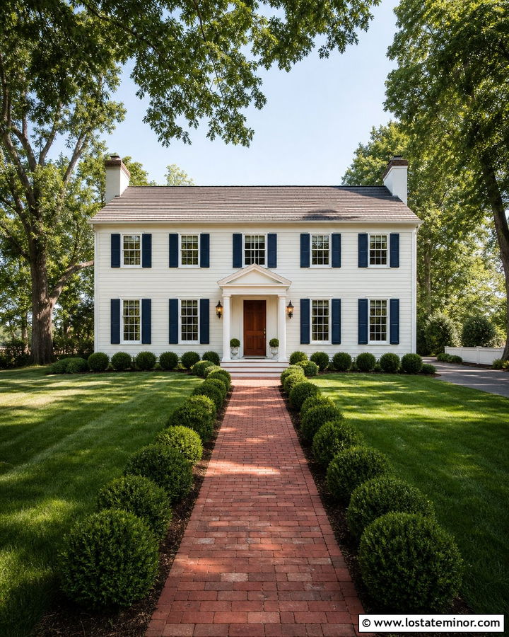 Warm White Colonial With Brass Lanterns - 30 Warm White House Design With Lighting Ideas