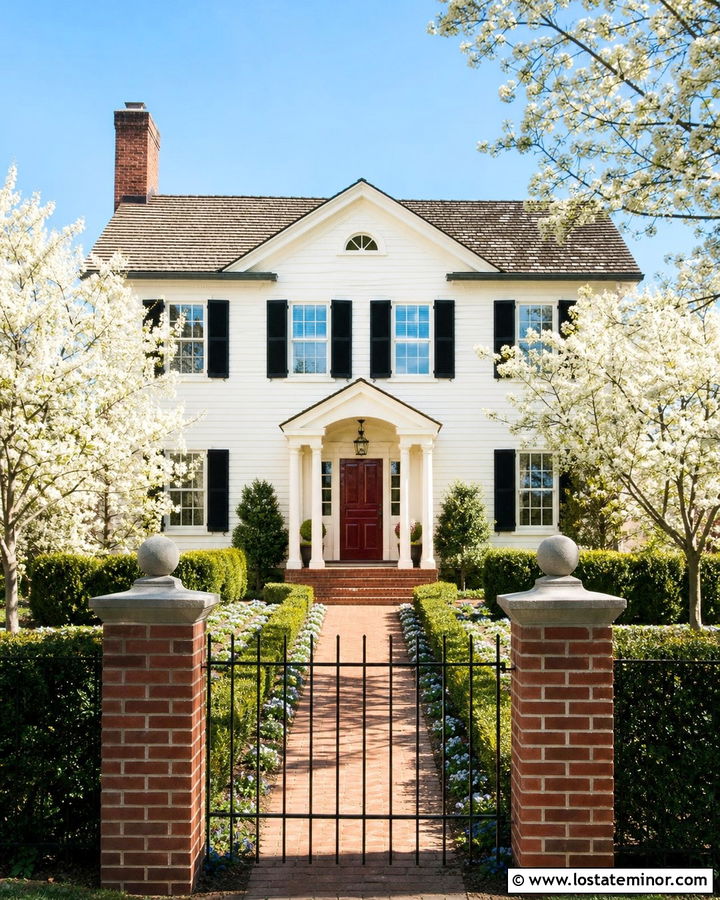 Warm White Colonial With Brick And Iron Fence - 30 Warm White House Design With Fence Ideas