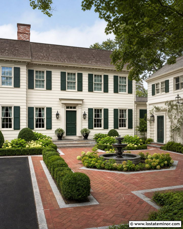 Warm White Colonial With Brick Courtyard - 30 Warm White House Design With Backyard Ideas