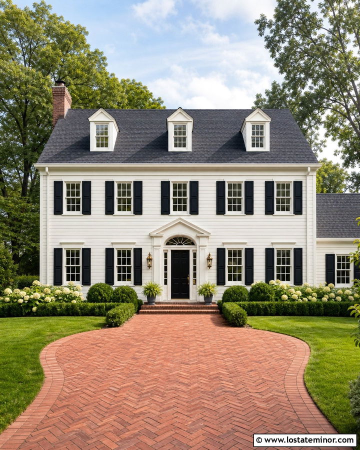 Warm White Colonial With Brick Driveway - 30 Warm White House Design With Driveway Ideas
