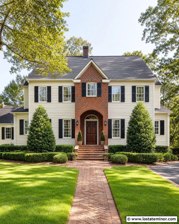 Warm White Colonial With Brick Entry Arch - 30 Warm White House Design With Brick Accents Ideas