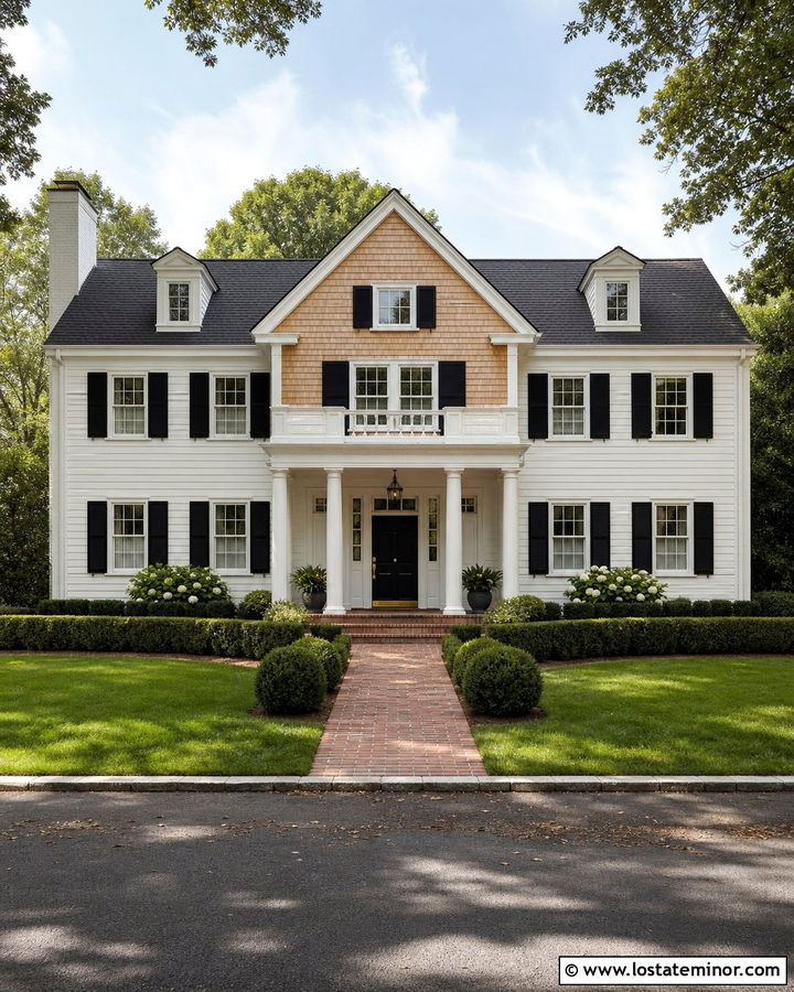 Warm White Colonial With Cedar Shake Accents - 30 Warm White House Design With Cedar Shake Ideas