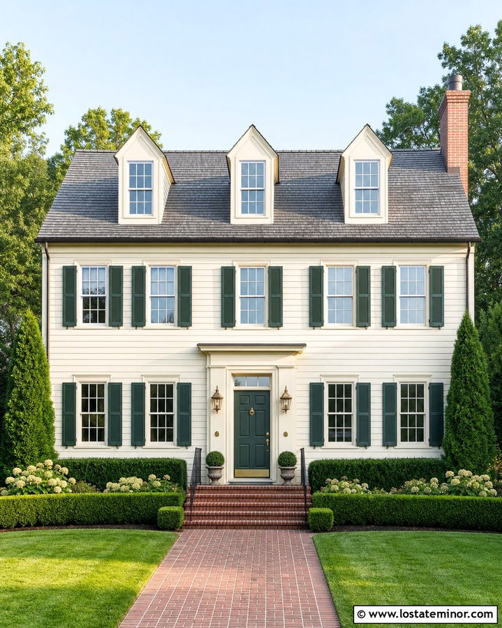 Warm White Colonial With Gable Dormers - 30 Warm White House Design With Dormers Ideas