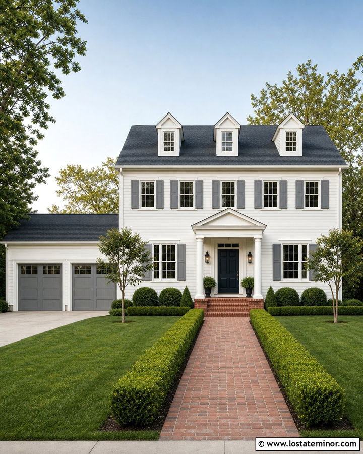 Warm White Colonial With Gray Garage Door - 30 Warm White House Design With Garage Door Ideas