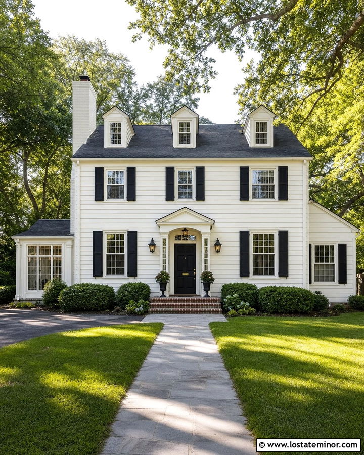 Warm White Colonial With Painted Brick Chimney - 30 Warm White House Design With Chimney Ideas