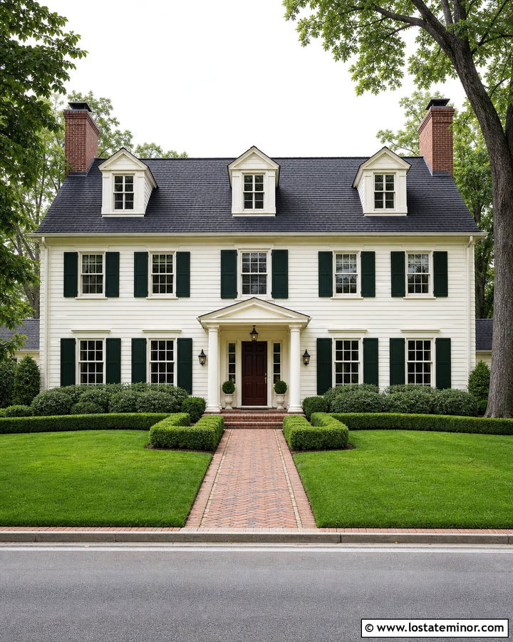 Warm White Colonial With Red Brick Chimneys - 30 Warm White House Design With Brick Accents Ideas