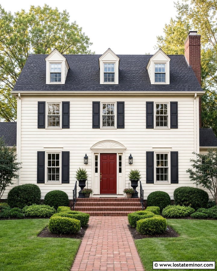 Warm White Colonial With Red Front Door - 30 Warm White House Design With Dormers Ideas