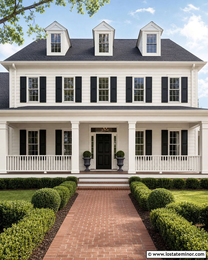 Warm White Colonial With White Spindle Railings - 30 Warm White House Design With Railings Ideas