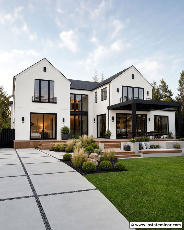 Warm White Contemporary House With Black Windows - 30 Warm White House Design With Backyard Ideas