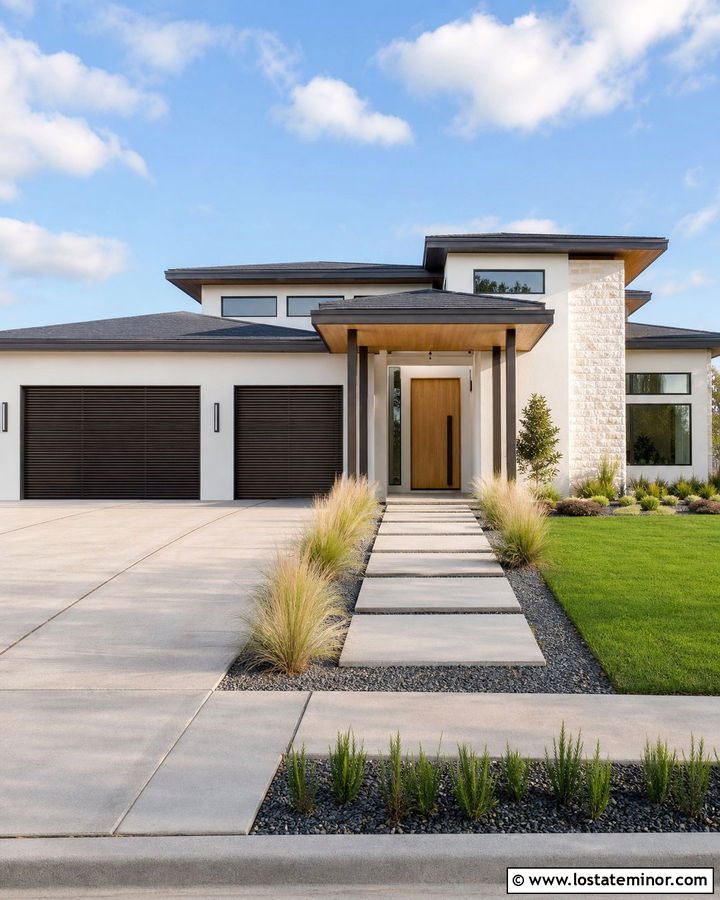 Warm White Contemporary House With Bronze Slat Garage Door - 30 Warm White House Design With Garage Door Ideas