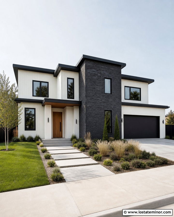 Warm White Contemporary House With Charcoal Brick - 30 Warm White House Design With Brick Accents Ideas