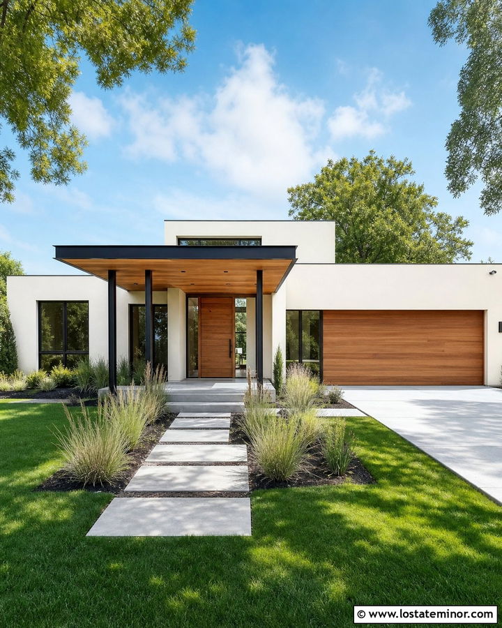 Warm White Contemporary House With Flat Portico - 30 Warm White House Design With Portico Ideas
