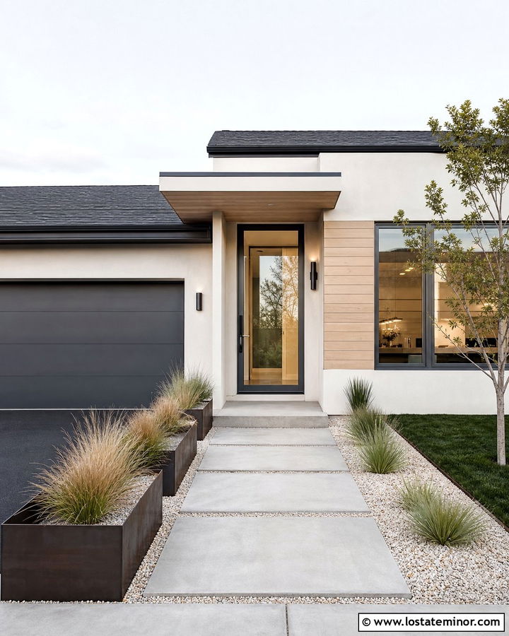 Warm White Contemporary House With Gray Storm Door - 30 Warm White House Design With Storm Door Ideas