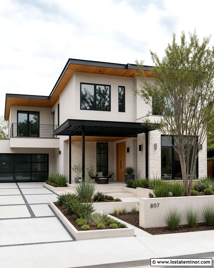 Warm White Contemporary House With Metal Pergola - 30 Warm White House Design With Pergola Ideas