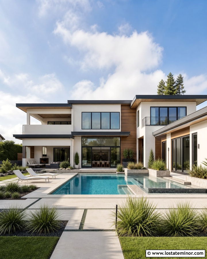Warm White Contemporary House With Tanning Ledge Pool - 30 Warm White House Design With Swimming Pool Ideas