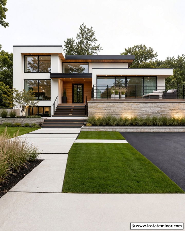 Warm White Contemporary House With Tiered Deck - 30 Warm White House Design With Deck Ideas