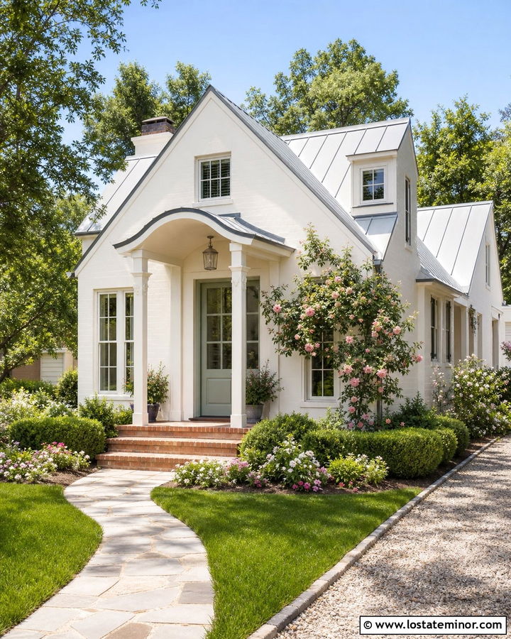 Warm White Cottage House With Curved Portico - 30 Warm White House Design With Portico Ideas