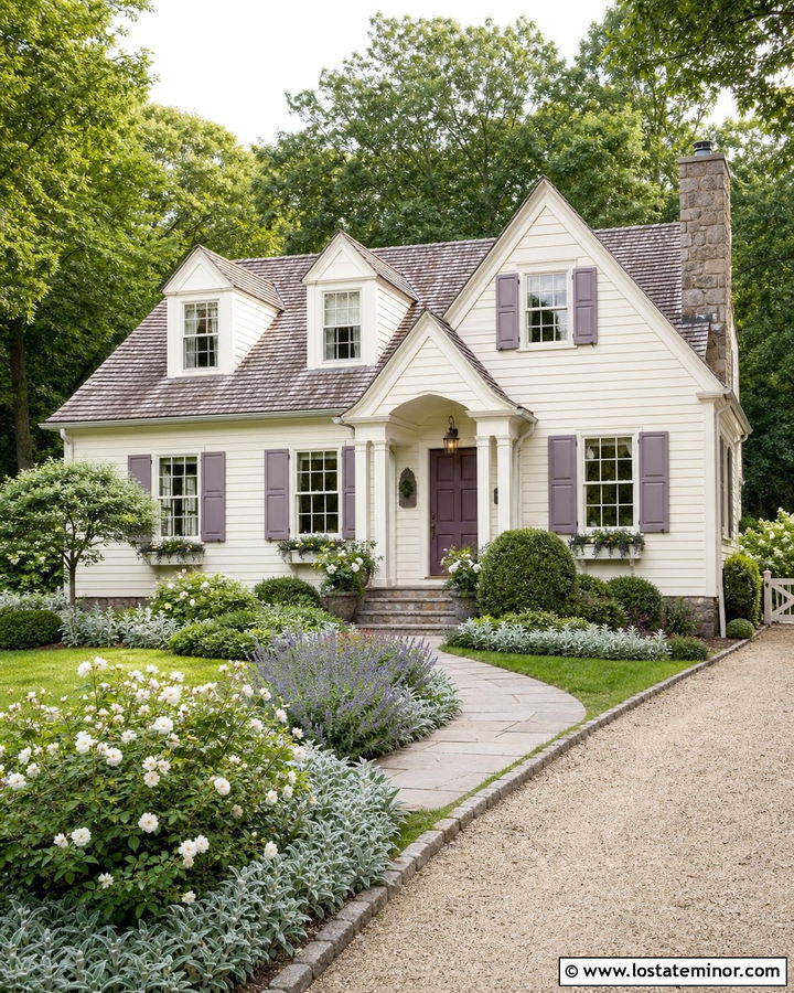 Warm White Cottage House With Lavender Gray Shutters - 30 Warm White House Design With Shutters Ideas