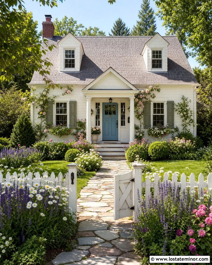 Warm White Cottage House With Rose Garden - 30 Warm White House Design With Landscaping Ideas