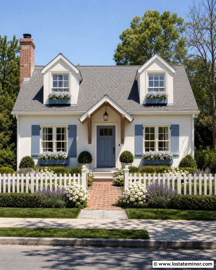 Warm White Cottage With Blue Front Door - 30 Warm White House Design With Dormers Ideas