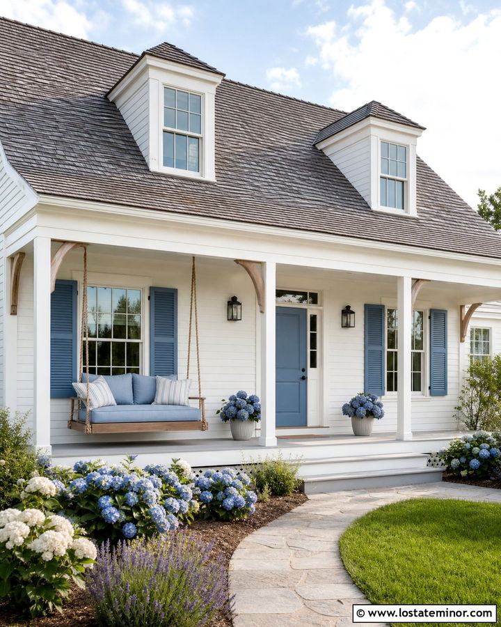 Warm White Cottage With Blue Hanging Daybed - 30 Warm White House Design With Daybed Ideas