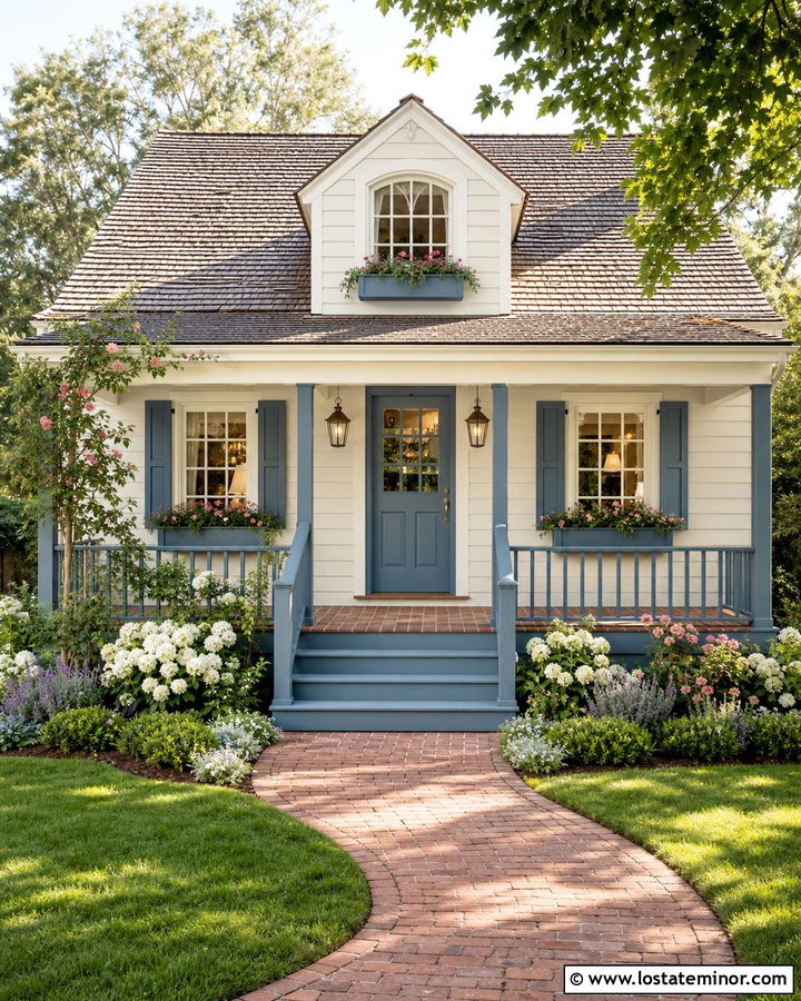 Warm White Cottage With Blue Painted Railings - 30 Warm White House Design With Railings Ideas