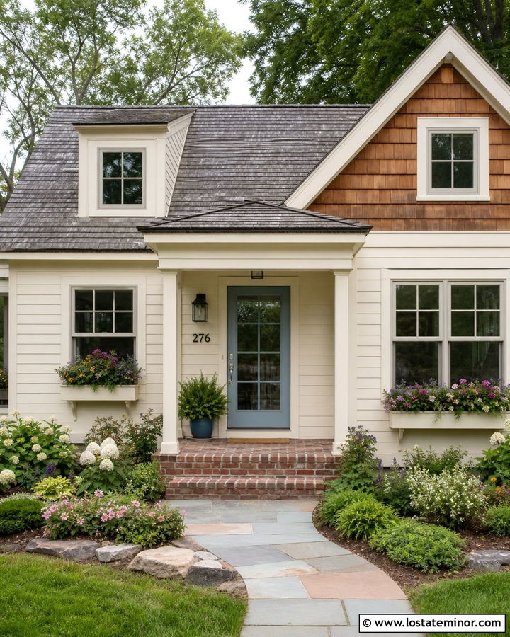 Warm White Cottage With Blue Storm Door - 30 Warm White House Design With Storm Door Ideas