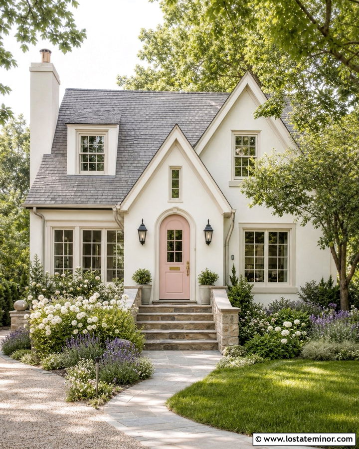 Warm White Cottage With Blush Pink Front Door - 30 Warm White House Design With Front Door Ideas