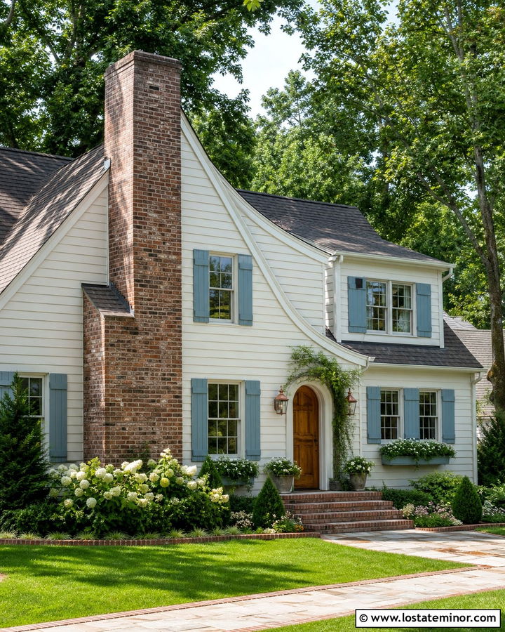 Warm White Cottage With Brick Chimney And Steps - 30 Warm White House Design With Brick Accents Ideas